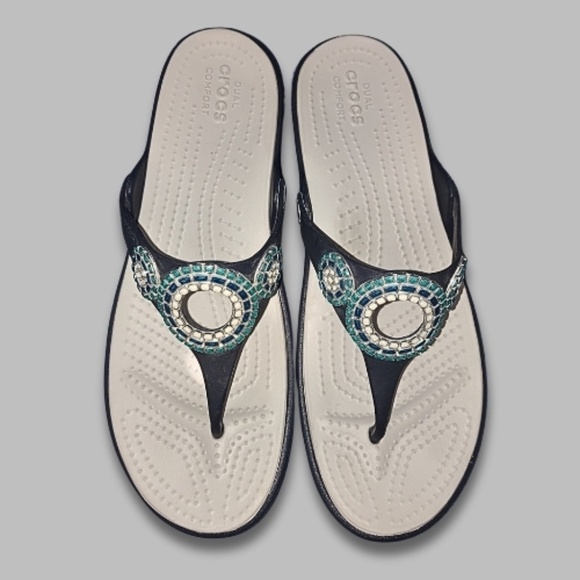 Crocs Sanrah Diamante Wedge Flip Sandals Deep Heel Cups Silver/Navy Women’s 10W - Picture 3 of 7